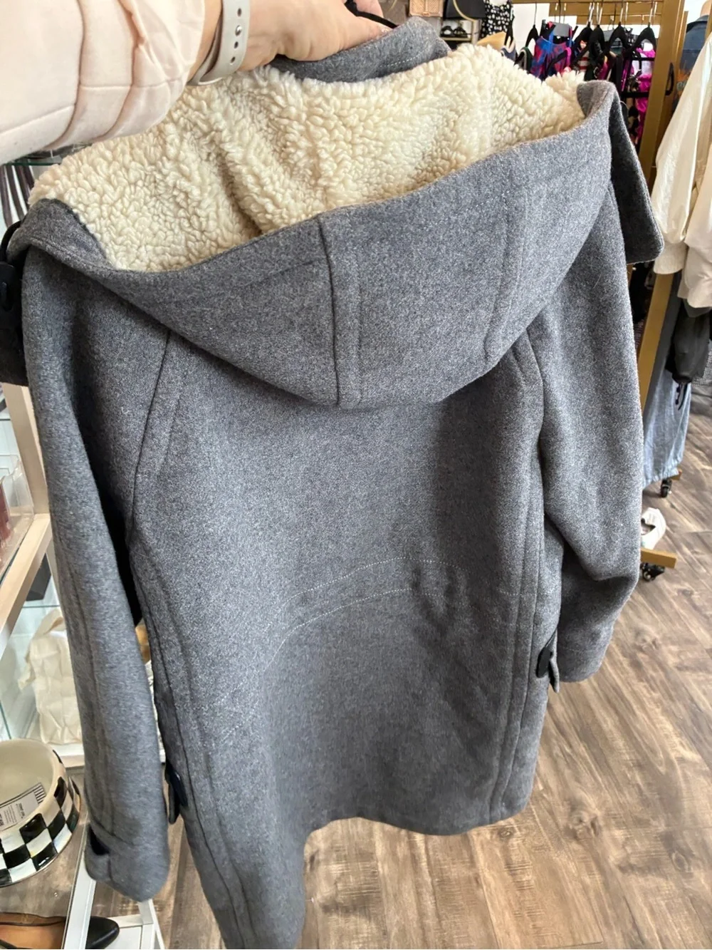Coach Gray Quilted-Lined Wool Coat with Shearling Trim
